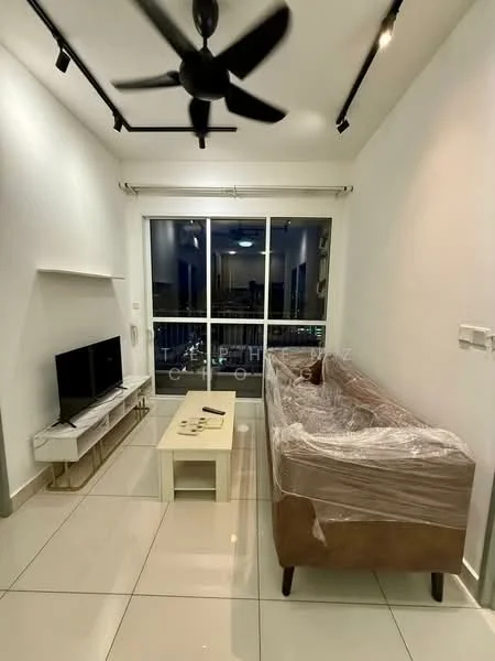 Living features: 3-seater fabric sofa in beige, coffee table, wall-mounted TV, TV console, ceiling fan, white painted walls, glossy tile flooring, floor-to-ceiling windows, curtains, decorative wall shelf; style: modern; view: city.