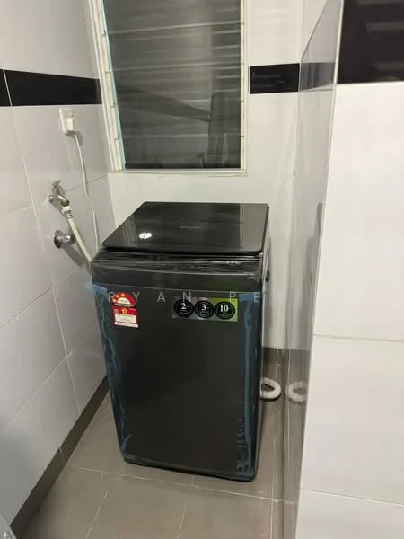 Laundry features: top-load washing machine in black, grey tiled flooring, white tiled walls, black accent tiles, window for natural light, water supply connection, drainage outlet; style: modern.