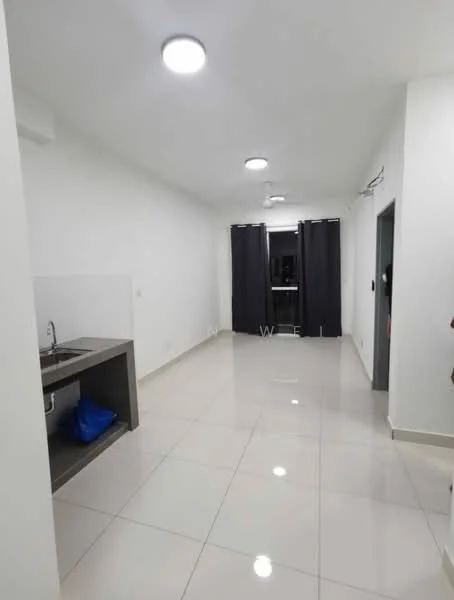 Room features: white painted walls, glossy tile flooring, recessed ceiling lights, single-bowl stainless-steel sink, grey cabinetry, black curtains, open layout, window with view, doorway leading to another room; style: modern.