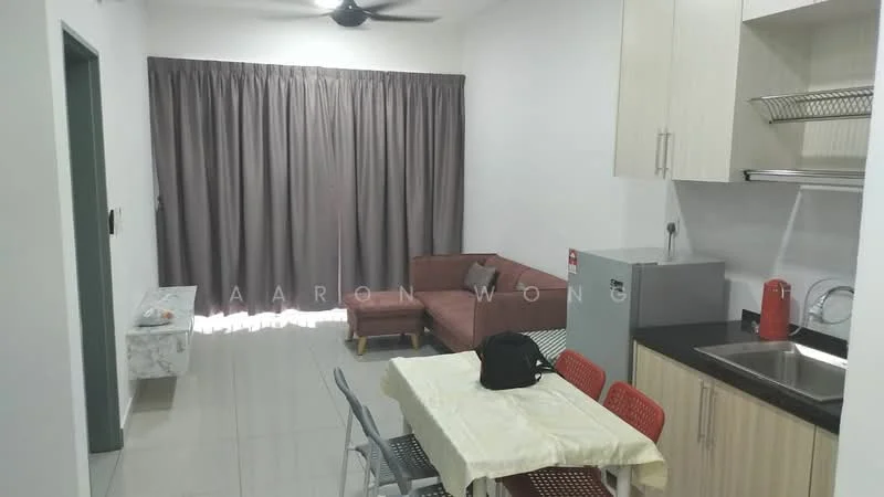 Living features: grey fabric sofa, coffee table, dining table with white tablecloth, 4 red plastic chairs, floor-to-ceiling window with sheer curtains, light-colored tiled flooring, ceiling fan, wall-mounted cabinet, stainless-steel fridge, black countertop, kettle, sink; style: modern.
