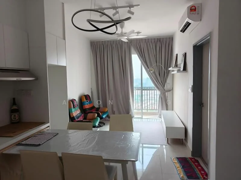 Living features: white painted walls, glossy tile flooring, 5-blade ceiling fan with light, large floor-to-ceiling windows, sheer curtains, sofa with colorful upholstery, coffee table, dining table with white surface, 4 white dining chairs, wall-mounted TV, decorative wall light; style: modern; view: city.