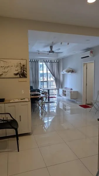 Living features: white painted walls, glossy ceramic tile flooring, 5-blade ceiling fan with light, floor-to-ceiling windows, sheer curtains, sliding glass door, wall-mounted air conditioning unit, white cabinetry, dining table with chairs, decorative wall art, area rug, recessed downlights; style: modern; view: city.