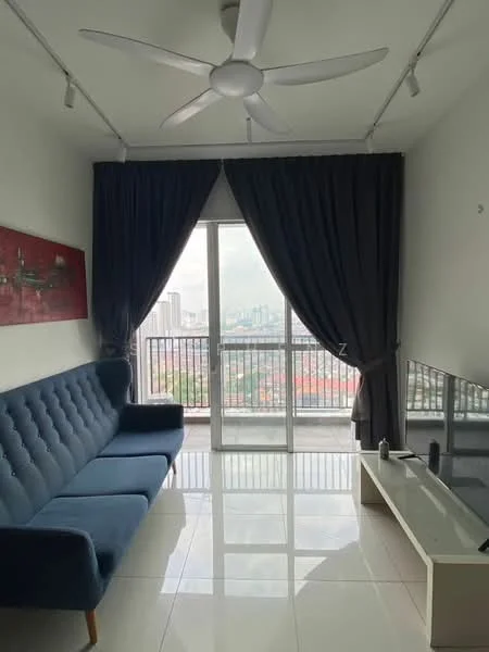Living features: 3-seater fabric sofa in blue, floor-to-ceiling windows, blackout curtains, white walls, polished tile flooring, ceiling fan, TV console, decorative artwork on wall; style: modern; view: city.