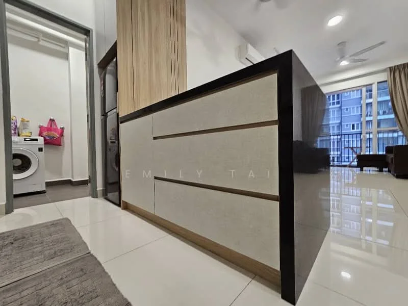 Kitchen features: kitchen island with black countertop, light wood cabinetry, white ceramic tile flooring, recessed downlights, floor-to-ceiling windows, view of the city skyline, built-in washing machine, open layout to living area; style: modern; view: city. Laundry features: front-load washing machine, storage space above washing machine.