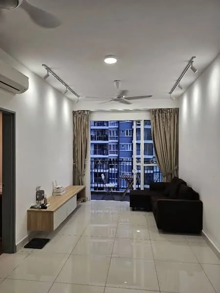 Living features: white painted walls, glossy ceramic tile flooring, 5-blade ceiling fan with light, recessed LED downlights, floor-to-ceiling windows, curtains, sofa in dark brown, wall-mounted TV console, decorative wall shelf; style: modern; view: city.