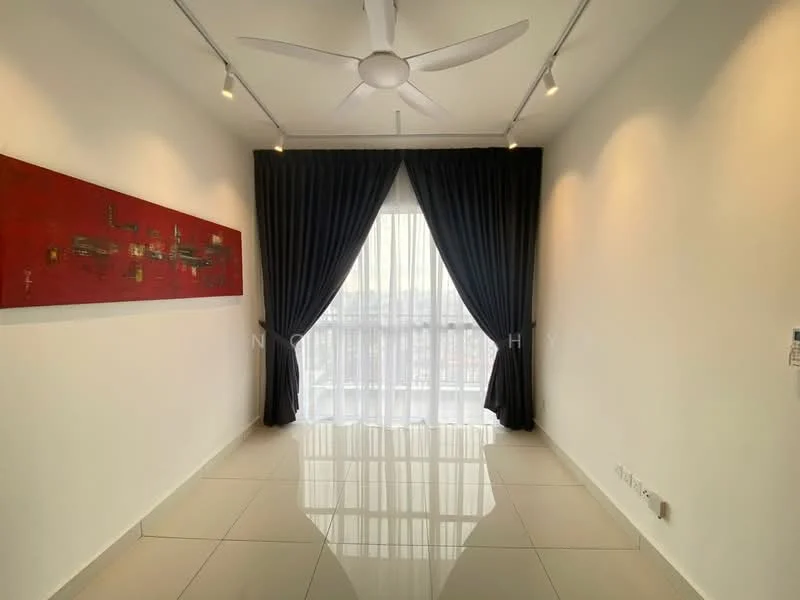 Room features: white painted walls, glossy tile flooring, 5-blade ceiling fan with light, floor-to-ceiling windows, sheer curtains, blackout curtains, framed artwork, recessed downlights; style: modern; view: city.