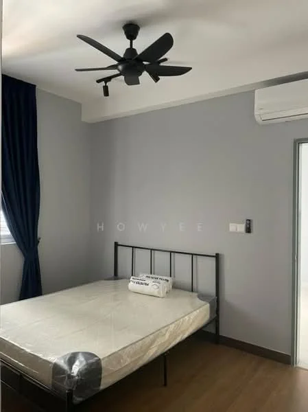 Bedroom features: grey painted walls, wooden flooring, 5-blade ceiling fan in black, window with sheer curtains, air conditioning unit, double bed frame, mattress, bed linens, nightstand, light switch, door to hallway; style: modern.