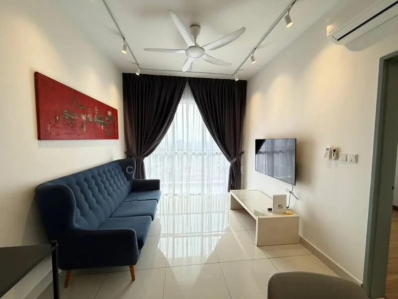 Living features: 3-seater fabric sofa in blue, white coffee table, wall-mounted TV, floor-to-ceiling windows, sheer curtains, blackout curtains, recessed LED downlights, 5-blade ceiling fan, glossy tile flooring, decorative wall art in red, air conditioning unit; style: modern; view: city.