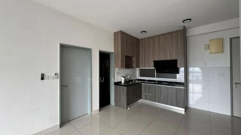 Kitchen features: laminate cabinetry in wood finish, black countertop, stainless-steel sink, built-in stove, built-in oven, microwave, white tiled backsplash, ceramic tile flooring, recessed downlights, wall-mounted kitchen hood; style: modern. Room features: white painted walls, grey door, light switch, floor-to-ceiling windows.