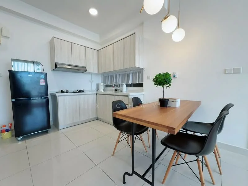 Kitchen features: light wood cabinetry, white countertop, stainless-steel sink, chrome pull-down faucet, built-in gas stove, black refrigerator, white tiled backsplash, ceramic tile flooring, recessed downlights, dining table with wooden top, four black dining chairs; style: modern.
