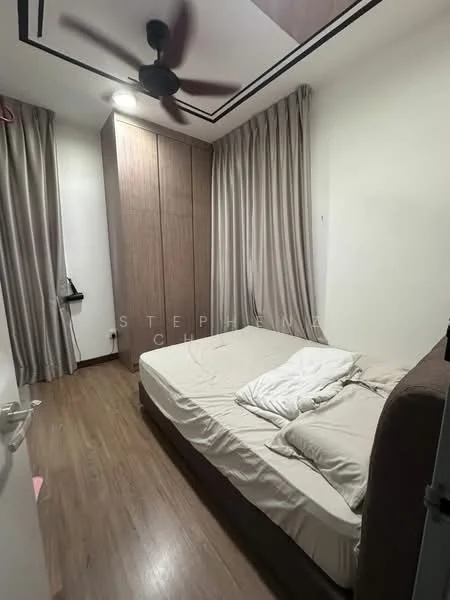 Bedroom features: queen-size bed, upholstered headboard, wooden flooring, built-in wardrobe with sliding doors, floor-to-ceiling curtains in beige, ceiling fan with light, decorative ceiling with recessed lighting, nightstand, wall-mounted shelf; style: modern.