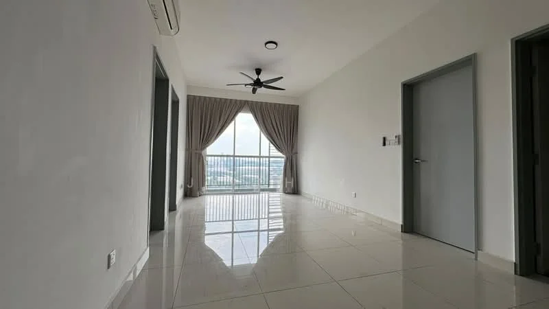 Living features: white painted walls, glossy ceramic tile flooring, 5-blade ceiling fan with light, floor-to-ceiling windows, curtains, balcony door, recessed downlights, neutral color scheme; style: modern; view: city.