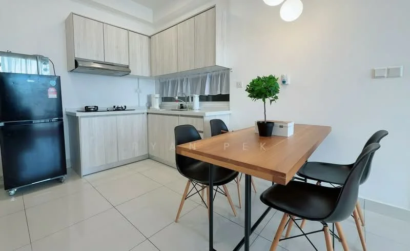 Kitchen features: white cabinetry with wood accents, black fridge, stainless-steel gas hob, stainless-steel range hood, white countertop, white tiled backsplash, dining table with wooden top, black dining chairs, floor-to-ceiling window, ceramic tile flooring, recessed downlights, curtains, kitchen sink; style: modern.