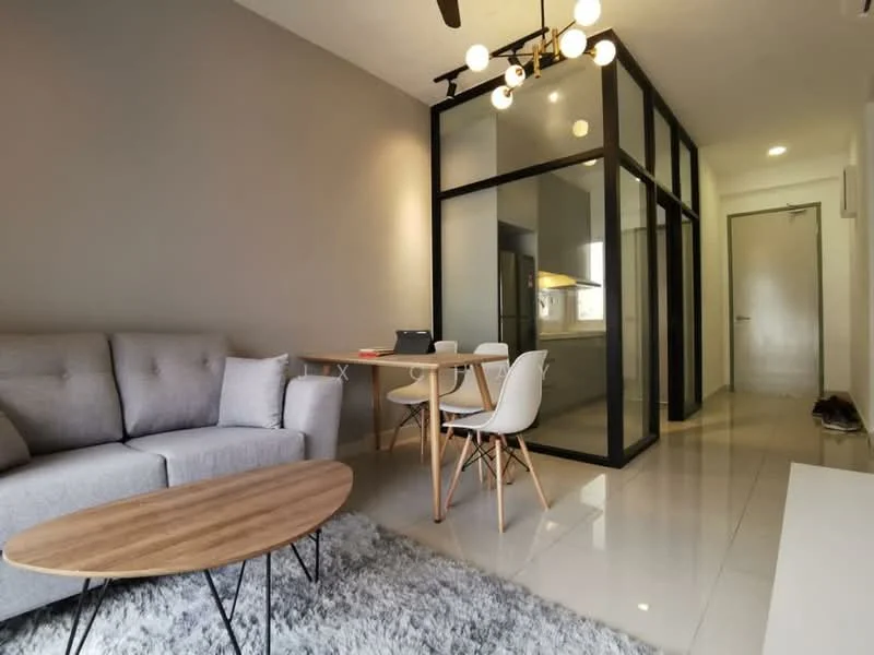 Living features: grey fabric sofa, wooden coffee table, area rug with geometric pattern, pendant light fixture, wall-mounted TV, dining table for four, white dining chairs, glossy tiled flooring, neutral painted walls, glass partition wall, recessed lighting; style: modern. Room features: open kitchen area, doorway leading to hallway.