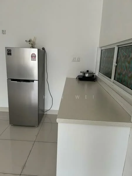 Kitchen features: stainless-steel fridge, white countertop, ceramic tile flooring, single-bowl stainless-steel sink, wall-mounted faucet, cooking pot on stove, window with patterned glass, white painted walls; style: modern.