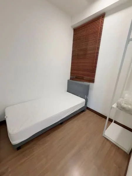 Bedroom features: single bed frame, mattress without bedding, wooden flooring, white painted walls, brown wooden blinds, grey upholstered headboard, built-in wardrobe with sliding doors; style: modern.