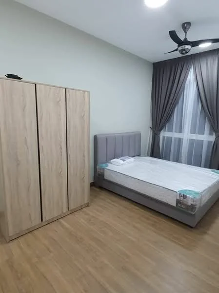 Bedroom features: queen-size bed, upholstered headboard, wooden wardrobe with sliding doors, laminate flooring, grey curtains, floor-to-ceiling window, ceiling fan with light, decorative wall, bedside table; style: modern.
