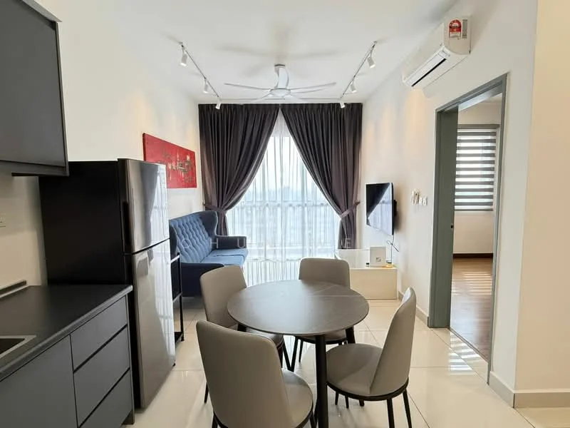 Living features: grey fabric sofa, round black dining table, 4 upholstered dining chairs, floor-to-ceiling windows, sheer curtains, 5-blade ceiling fan with light, wall-mounted TV, white walls, tile flooring, air conditioning unit; style: modern; view: city.