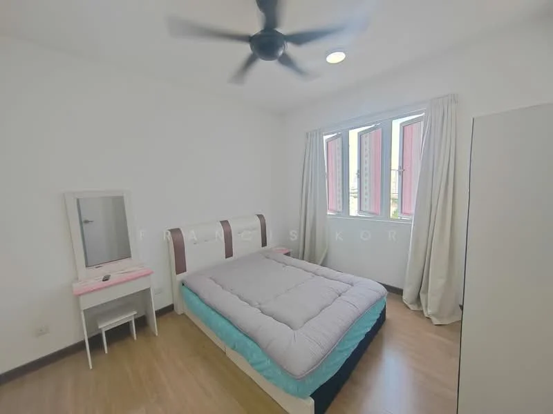Bedroom features: queen-size bed with grey bedding, white walls, wooden flooring, ceiling fan, two windows with white curtains, mirror on white dressing table, white wardrobe, pink bedside table; style: modern.
