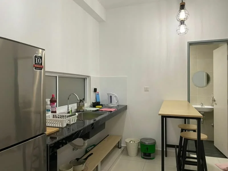 Kitchen features: stainless-steel fridge, black countertop, white cabinets, single-bowl stainless-steel sink, chrome pull-down faucet, kettle, toaster, open shelving, bar counter with stools, white tiled walls, white floor tiles, pendant light fixture; style: modern. Room features: white walls, mirror, sink, toilet.