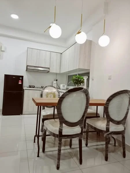 Kitchen features: white painted walls, glossy tile flooring, light wood cabinetry, stainless-steel sink, chrome pull-down faucet, built-in gas stove, exhaust hood, black refrigerator, dining table with four chairs, pendant lighting, open shelving, microwave, kitchen countertop; style: modern.