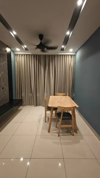 Dining features: light grey painted walls, dark accent wall, white ceiling, recessed LED downlights, 5-blade ceiling fan, rectangular wooden dining table, two wooden chairs, glossy floor tiles, curtains, wall-mounted feature panel; style: modern.