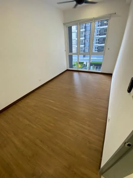 Room features: laminate wood flooring, white painted walls, floor-to-ceiling windows, window treatments, ceiling fan, corner view, baseboards, light switch; style: modern; view: garden.