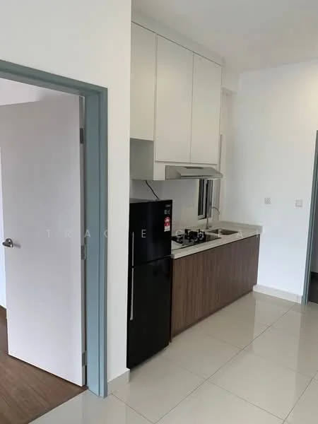 Kitchen features: white cabinets, brown wood lower cabinetry, stainless-steel sink, chrome pull-down faucet, black refrigerator, 4-burner gas hob, built-in oven, white countertop, ceramic tile flooring, recessed downlights, wall-mounted range hood; style: modern.