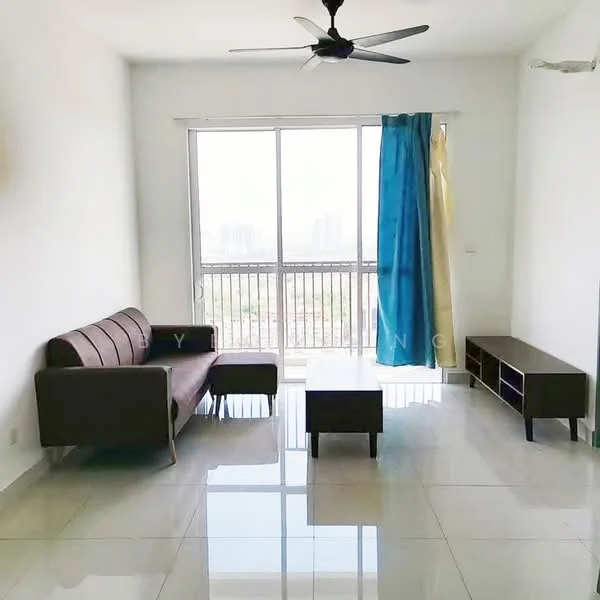 Living features: 3-seater fabric sofa in grey, coffee table, TV console, floor-to-ceiling windows, white painted walls, glossy tile flooring, ceiling fan, curtains in blue and yellow, balcony view; style: modern; view: city.