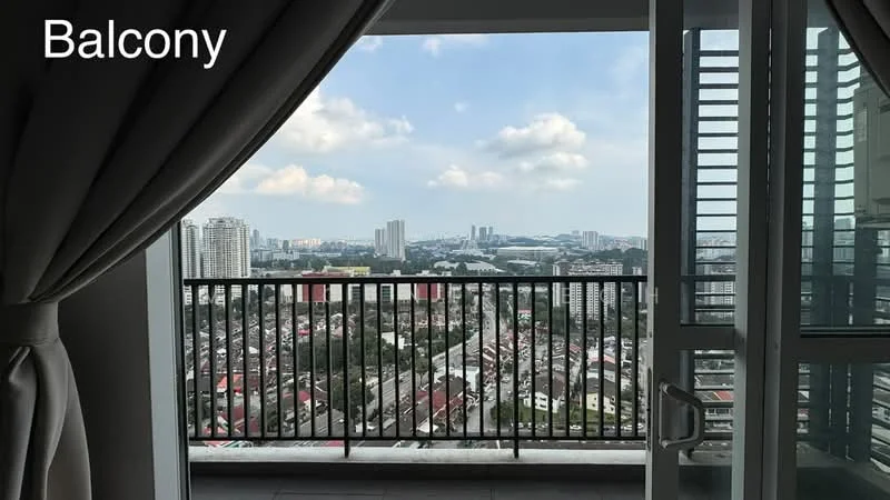 Room features: balcony with railing, floor-to-ceiling sliding glass door, curtains, city skyline view, concrete flooring, outdoor space; view: city.