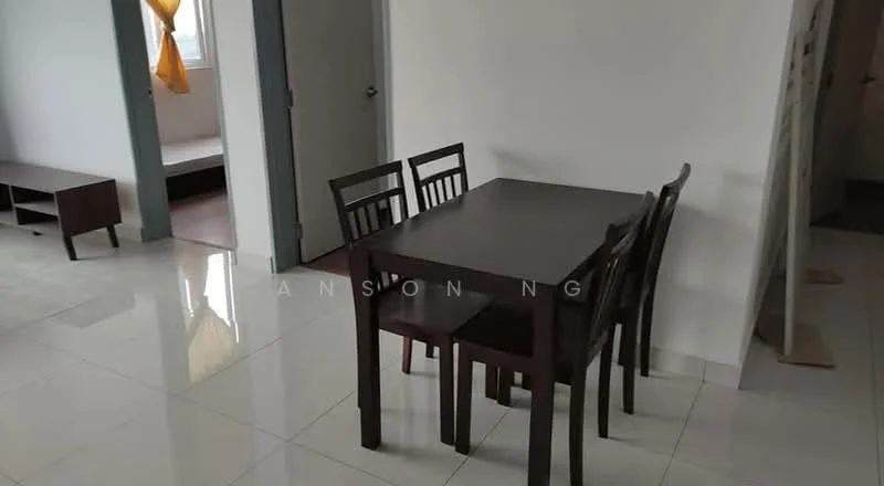 Dining features: brown wooden dining table, 4 brown wooden dining chairs, white tiled flooring, white painted walls, natural light from window, curtains in yellow, corner of living area visible, doorway leading to another room; style: modern.