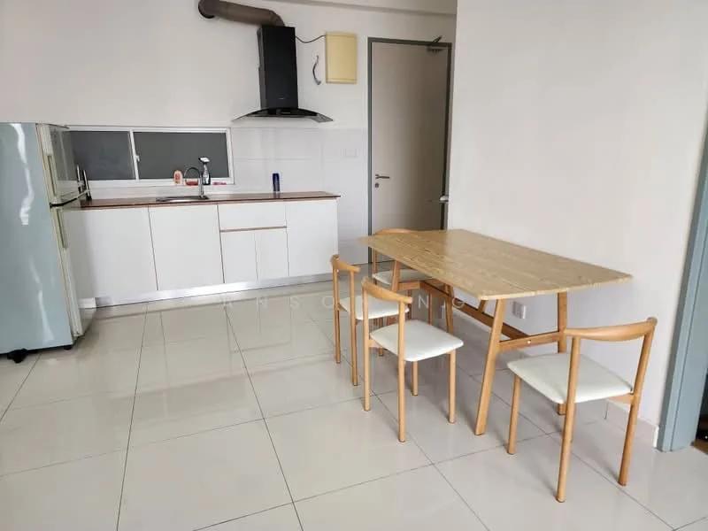Kitchen features: white cabinetry, wood countertop, stainless-steel sink, chrome pull-down faucet, built-in oven, freestanding fridge, 4-burner gas hob, exhaust hood, dining table with 4 chairs, ceramic tile flooring, white walls, window with view; style: modern.