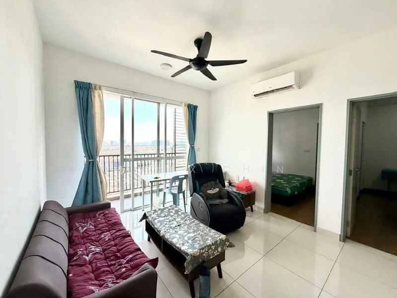Living features: white painted walls, tile flooring, 5-blade ceiling fan with light, floor-to-ceiling windows, curtains in blue, sofa in dark brown, coffee table, recliner chair, air conditioning unit on wall; style: modern; view: city. Bedroom features: wooden door, bed with green bedding, tile flooring.