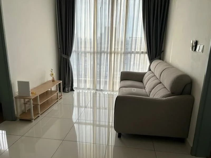 Living features: grey fabric 3-seater sofa, white wall, floor-to-ceiling windows, sheer curtains, glossy white tile flooring, wooden TV console, decorative plant on console, city view; style: modern; view: city.