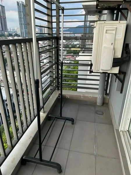 Balcony features: floor-to-ceiling railing, grey tiled flooring, clothes drying rack, air conditioning unit, city view, outdoor space; style: modern; view: city.