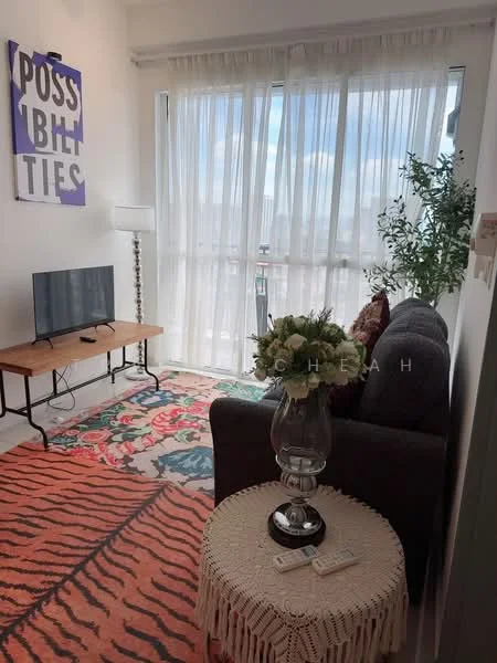 Living features: floor-to-ceiling windows, sheer curtains, 3-seater fabric sofa in grey, coffee table, TV console, wall-mounted TV, area rug with geometric pattern, decorative plant, framed artwork on wall, lampshade floor lamp; style: modern; view: city.
