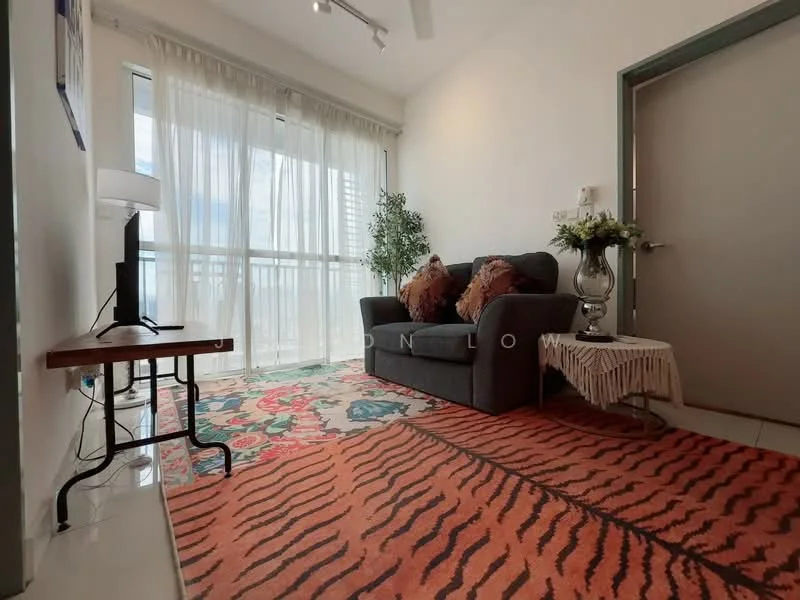 Living features: 3-seater fabric sofa in grey, decorative cushions, area rug with geometric pattern, floor-to-ceiling windows with sheer curtains, wall-mounted TV, side table, indoor plants, light fixture on ceiling; style: modern; view: city.