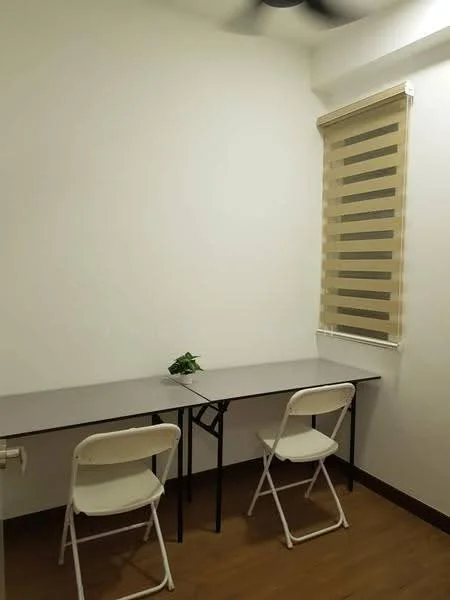 Study features: white painted walls, wood laminate flooring, two folding tables, two white folding chairs, roller blinds with striped pattern, small potted plant, ceiling fan; style: minimalist.