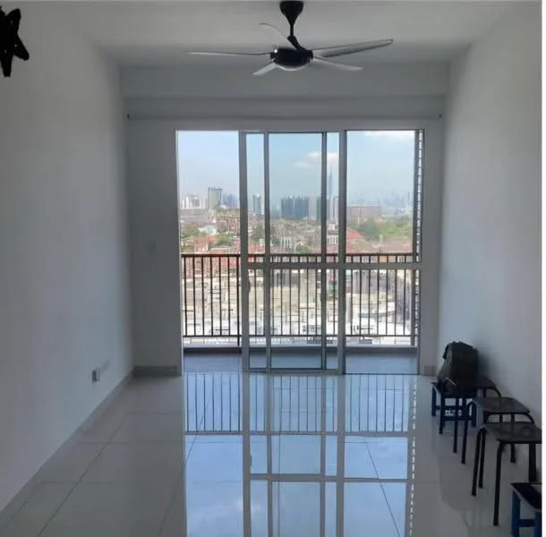 Living features: white painted walls, glossy tile flooring, 5-blade ceiling fan with light, floor-to-ceiling windows, sliding glass door, city view, balcony access, neutral decor; style: modern; view: city.