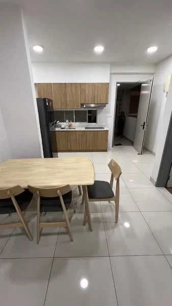 Kitchen features: white walls, tile flooring, recessed downlights, wood cabinetry, black fridge, stainless-steel sink, countertop with backsplash, dining table with wooden top, 4 dining chairs, open layout, doorway leading to hallway; style: modern.