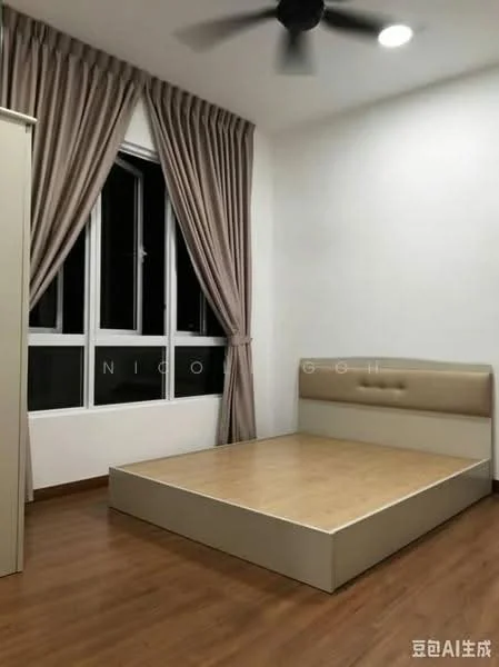 Bedroom features: wooden flooring, white painted walls, floor-to-ceiling windows, sheer curtains, 5-blade ceiling fan, upholstered headboard, platform bed frame without mattress, built-in wardrobe; style: modern.