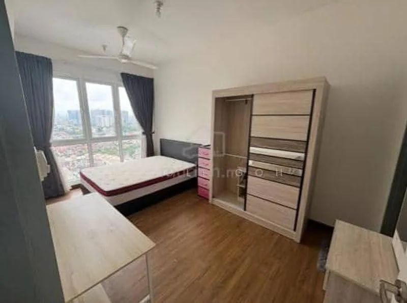 Bedroom features: queen-size bed with mattress, wooden flooring, built-in wardrobe with sliding doors, study desk, chair, floor-to-ceiling windows, curtains, ceiling fan, wall-mounted TV, decorative wall, pink bedside cabinet; style: modern; view: city.