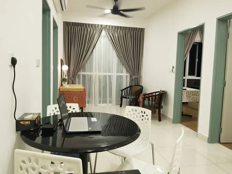 Living features: white painted walls, tile flooring, 5-blade ceiling fan with light, floor-to-ceiling windows, sheer curtains, dark wood armchair, small side table, black round dining table, 4 white plastic dining chairs, laptop on table, decorative table lamp; style: modern.