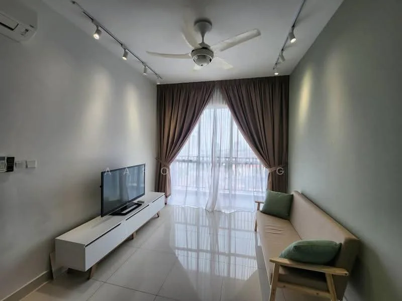 Living features: 5-blade ceiling fan with light, wall-mounted TV, white TV console, light grey walls, cream curtains, floor-to-ceiling windows, glossy tile flooring, sofa with green cushion, recessed LED downlights, air conditioning unit; style: modern; view: city.