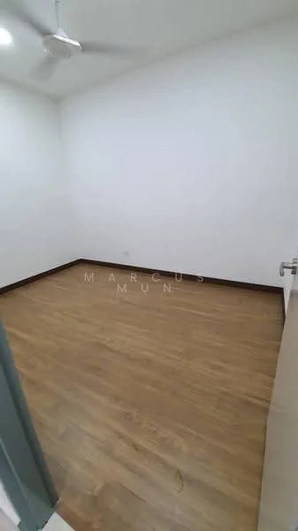 Room features: white painted walls, wooden flooring, ceiling fan, single door, no visible windows.