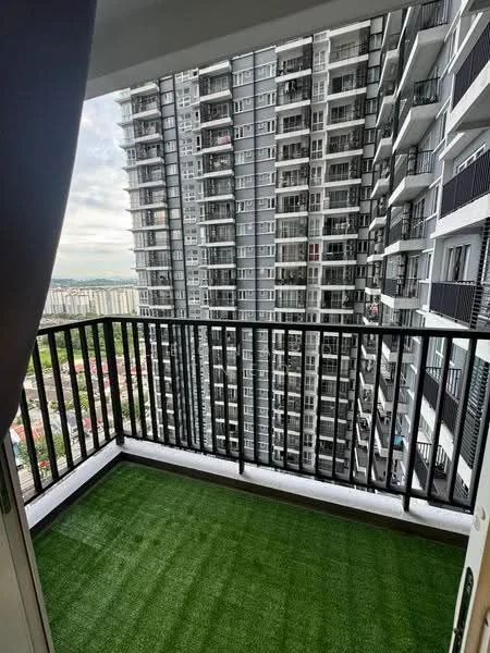 Balcony features: artificial grass flooring, black metal railing, city view, high-rise building adjacent, sliding glass door access, covered ceiling, outdoor space; style: modern; view: city.