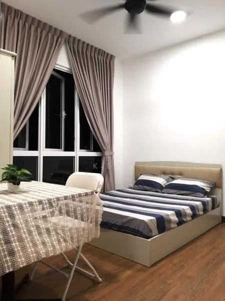 Bedroom features: queen-size bed with upholstered headboard, striped bedding in blue and white, floor-to-ceiling windows, sheer curtains in light grey, wooden flooring, ceiling fan, small potted plant on table, foldable dining table, white chair; style: modern.
