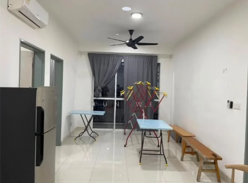 Room features: white painted walls, glossy tile flooring, 5-blade ceiling fan, wall-mounted split AC, sliding glass door, grey curtains, two folding tables, wooden bench, clothes drying rack; style: modern.