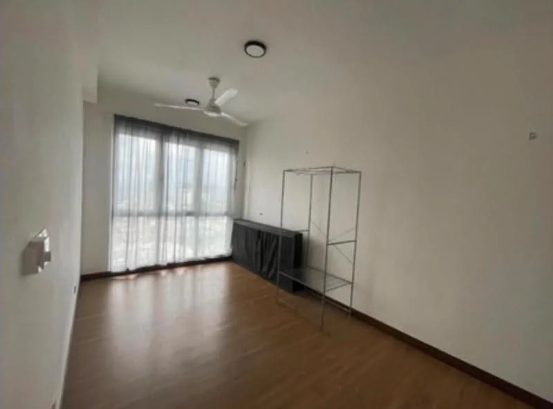 Room features: wooden flooring, white painted walls, floor-to-ceiling windows, sheer curtains, 5-blade ceiling fan, light fixture, open space, unfurnished; style: modern; view: city.