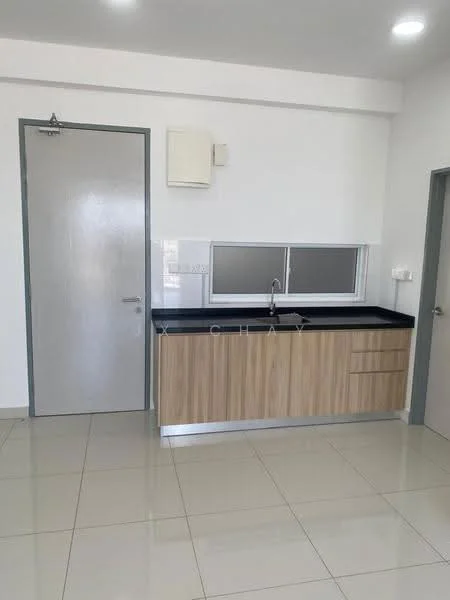 Kitchen features: single-bowl stainless-steel sink, chrome pull-down faucet, black granite countertop, wood cabinetry with flat-panel design, white painted walls, glossy ceramic tile flooring, window above sink, door leading to another room; style: modern.